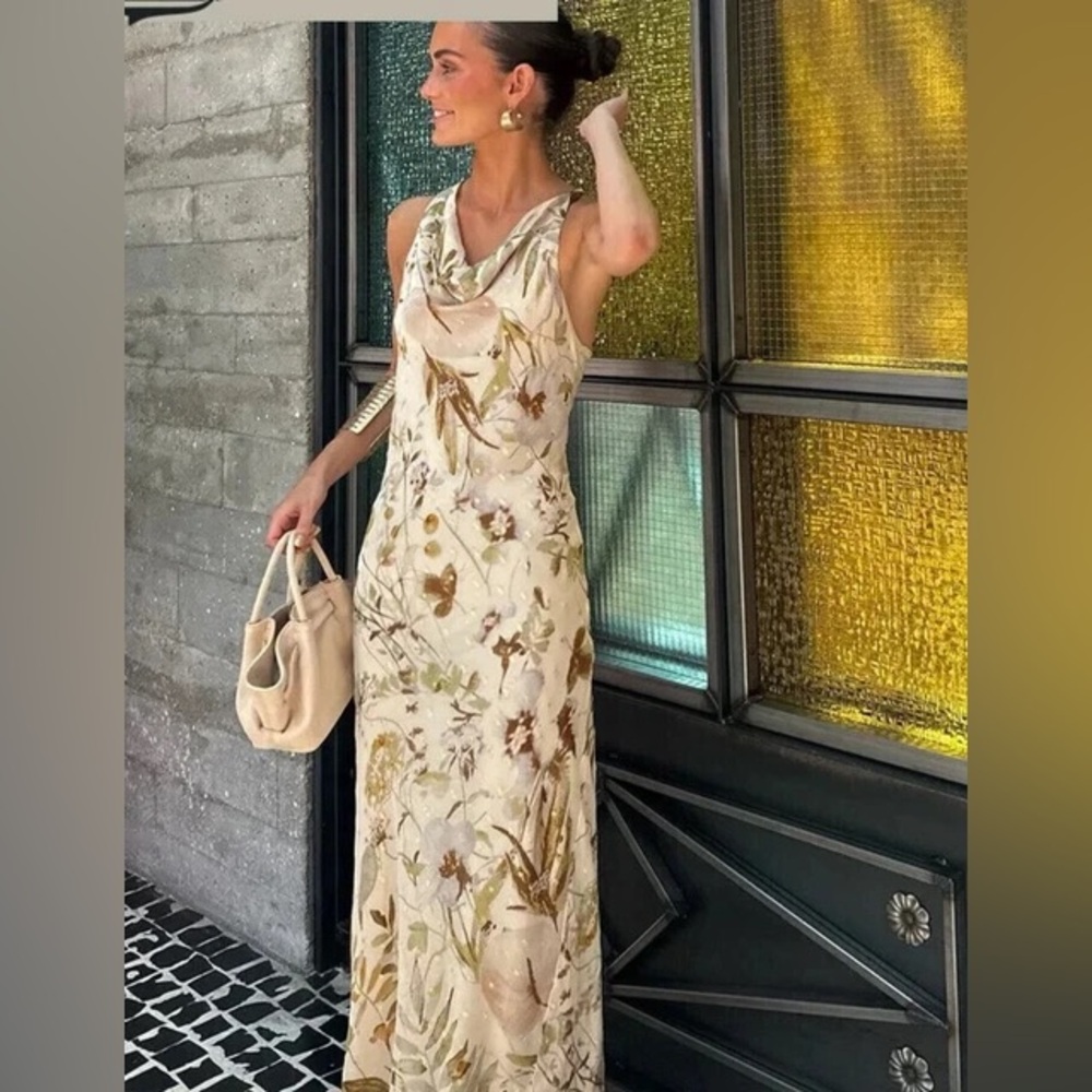 Zara Floral Beige Dress S NWT